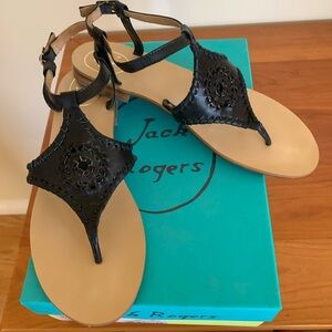 Jack Rogers Maci sandals in black leather with patent trim. Worn only once!